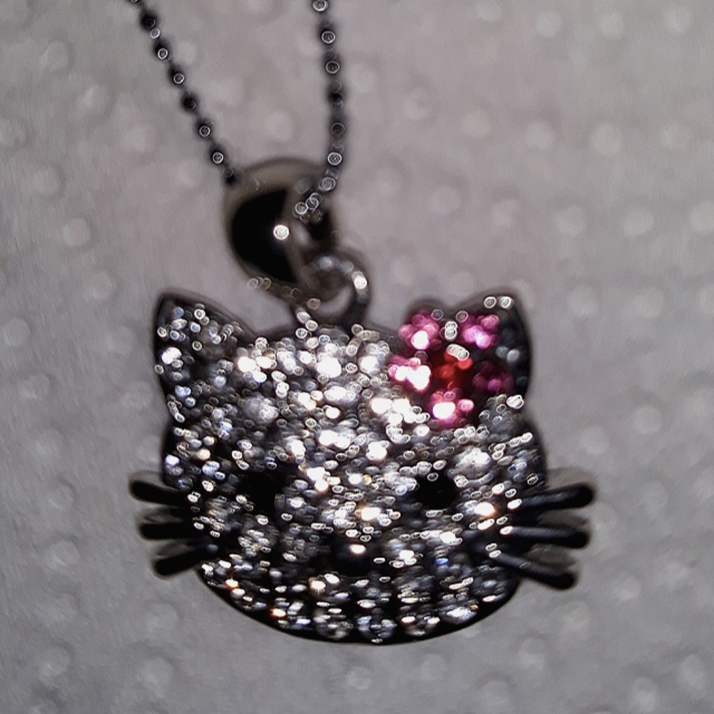 Hello Kitty Crystal Charm Necklace silver pl over ss with 16-18"chain NEW - Picture 2 of 7